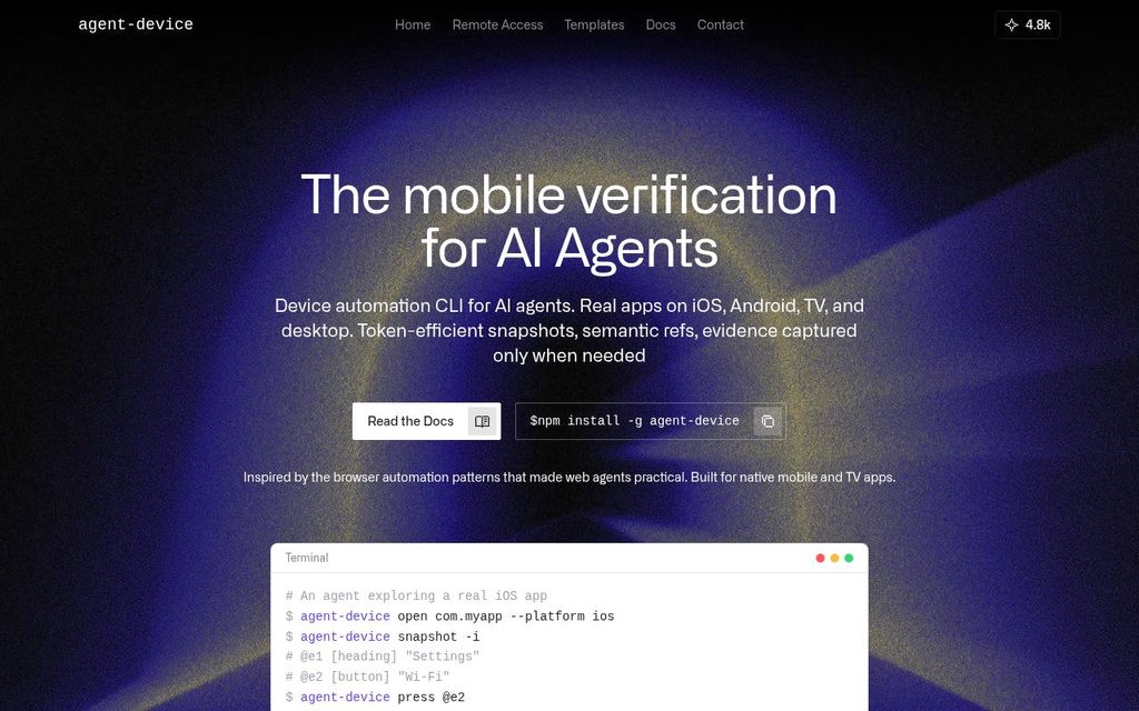 Screenshot of the Agent Device homepage
