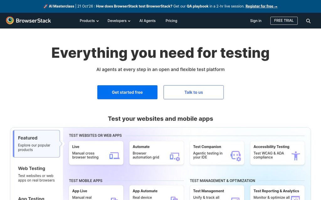 Screenshot of the BrowserStack homepage