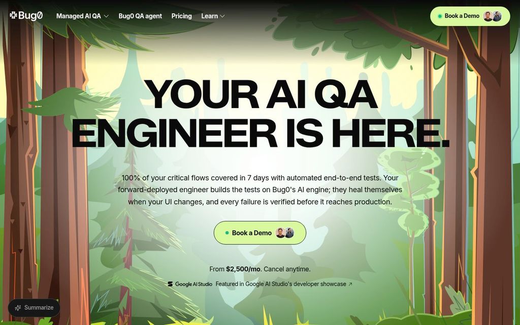 Screenshot of the Bug0 homepage