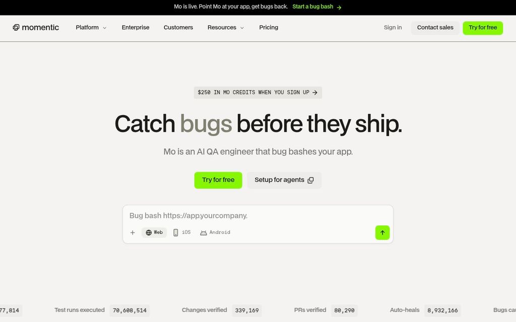 Screenshot of the Momentic homepage