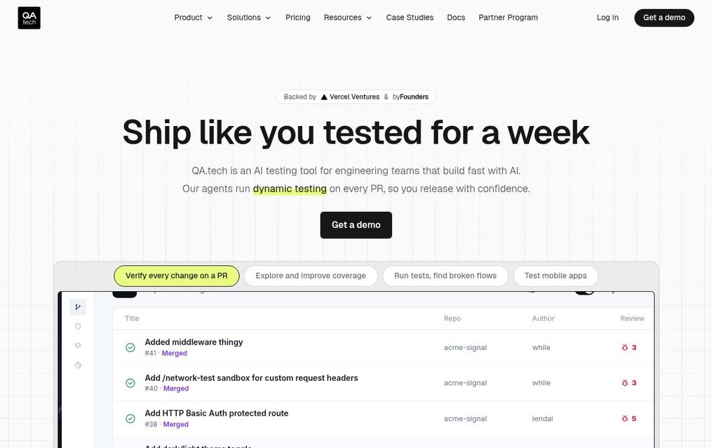 Screenshot of the QA.tech homepage