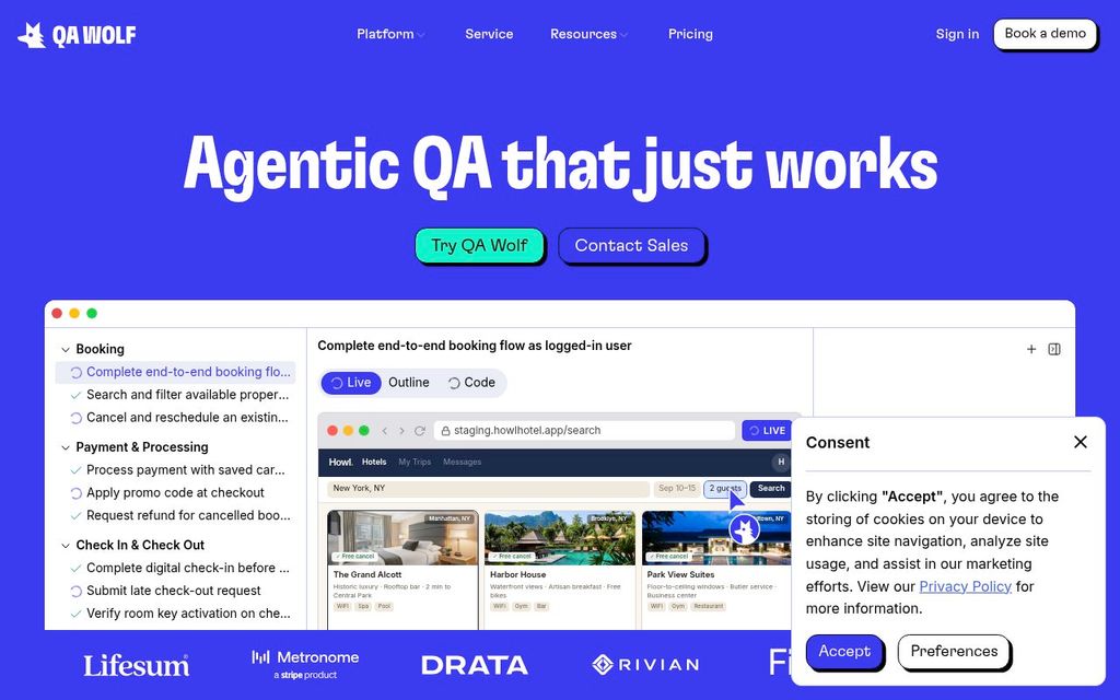 Screenshot of the QA Wolf homepage